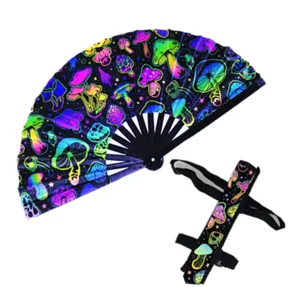 Vue détaillée de l'éventail pliable champignon UV fluorescent 33cm avec étui et baleines bambou.