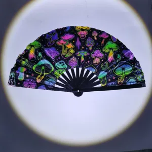 33cm UV fluorescent mushroom folding hand fan with bamboo ribs and satin fabric for party.