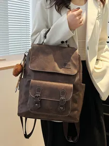 Zaino vintage in pelle PU marrone per donna grande capacità stile college moda
