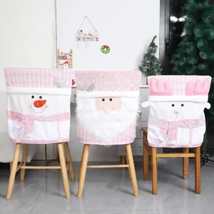 Rose Housse de Chaise de Noël Panier de Bonbons Poupée en Peluche Père Noël Bonhomme de Neige Renne Vacances Maison Restaurant Décoration de Table