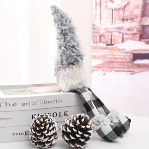 Christmas gnome plush doll with grey furry hat and black plaid legs for holiday decor