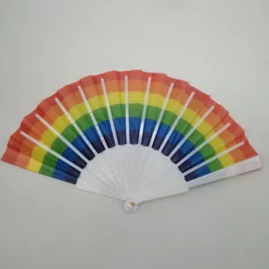 Close-up detail of the colorful rainbow folding fan showing vibrant stripes and durable white plastic ribs.