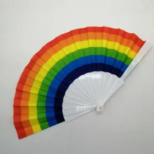 Detailed view of the 23cm rainbow folding fan with white plastic ribs and vibrant colors.