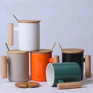 Tasse à Café en Céramique de Style Nordique avec Poignée en Bois et Couvercle Tasse à Eau en Céramique Verre de Bureau Créatif