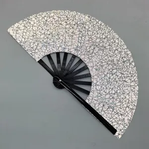 Witte reflecterende handwaaier met zwarte bamboe ribben, 27 cm opvouwbare waaier voor dagelijks.