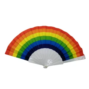 Colorful 23cm rainbow folding fan with white plastic ribs, perfect for summer events.