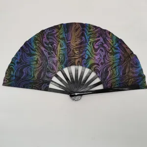 Gedetailleerd overzicht van de 8-inch reflecterende vouwventilator met iriserende stof en bamboe.