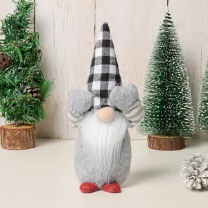 Christmas faceless gnome doll with black white plaid hat and grey body, plush holiday decor.