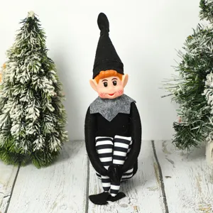 Christmas long-legged elf plush doll black and white striped holiday home decor display piece