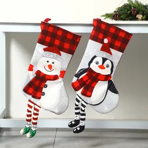 Christmas stockings hanging decor with cute snowman penguin 3d legs red black plaid design