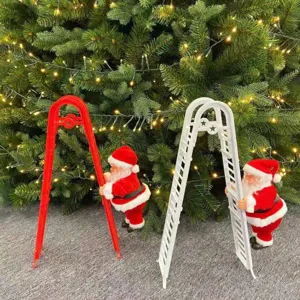 Detail view of electric climbing Santa Claus toys with red and white ladders for Christmas.