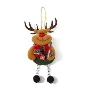 Close-up detail view of cute felt reindeer Christmas ornament with hanging bead legs.