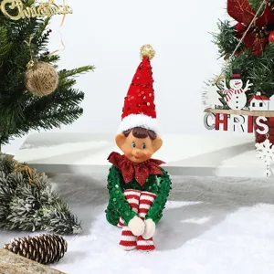 Christmas elf doll sitting decoration red green sequin shelf sitter festive home decor