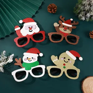 Glitter Christmas party glasses frames set with cute Santa, reindeer, and snowman designs.