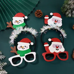 Christmas party glasses headband set with cute snowman and Santa Claus designs for festive holiday events.