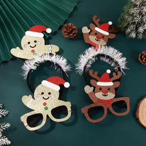 Christmas party glasses headband set glitter gingerbread man reindeer photo props holiday decor