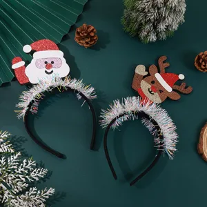 Christmas headband detail shot showing glittering Santa and reindeer festive decorations.