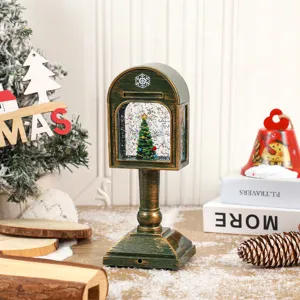 Vintage Christmas mailbox snow globe music light desktop decor with glitter tree for holiday gift.