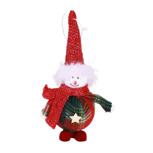 Christmas plush doll hanging ornament with knitted red hat and plaid body for tree decor.