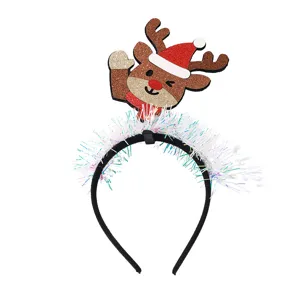Christmas reindeer headband with sparkling tinsel and cute plush antlers for holiday parties.