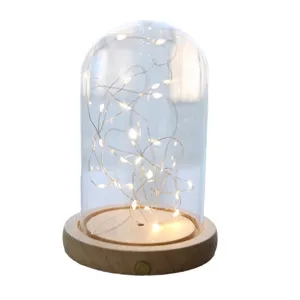 Lampe cloche en verre transparent avec socle en bois et guirlande lumineuse LED pour déco.