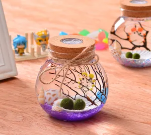 LED glass terrarium jar with moss ball, cute micro landscape ecosystem bottle for home decor.