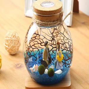 LED light glass terrarium bottle with cork, miniature couple micro landscape decor.