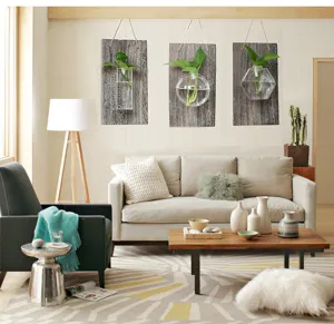 Set terrario per piante in vetro da parete con asse di legno per decorazione d'interni.