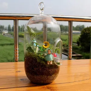 Detailed view of clear glass capsule terrarium bottle with miniature moss landscape and plants.