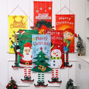 Christmas Hanging Flag Banner Santa Snowman Reindeer Polyester Fabric Wall Tapestry Festive Holiday Party Decor