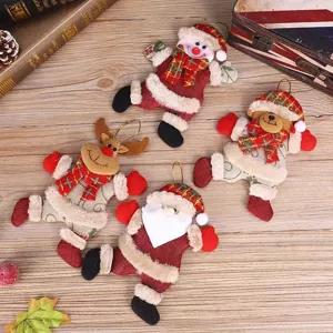 Christmas plush hanging ornaments detail view, cute dancing Santa snowman deer bear fabric dolls.