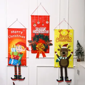 Christmas decorative hanging flags set featuring elf, wreath, and reindeer designs for holiday party.