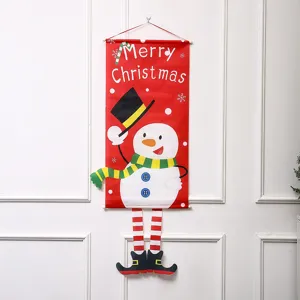 Christmas hanging banner detail, festive snowman wall decor, holiday party fabric flag display