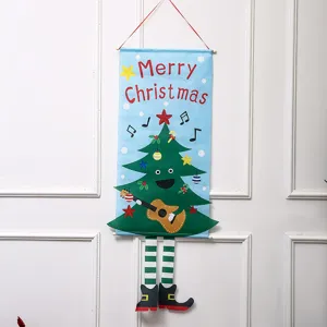 Christmas felt hanging banner, cartoon tree with guitar and striped legs for festive decor detail.