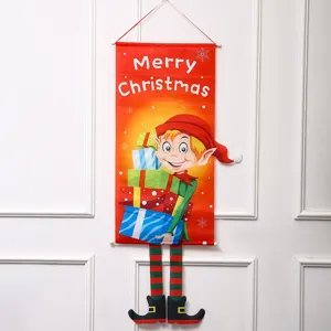 Christmas decorative elf hanging banner with gift boxes, festive fabric wall decor.