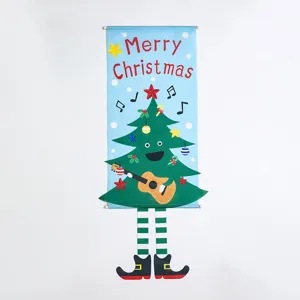 Christmas decorative wall hanging banner with guitar playing tree and elf legs decor.
