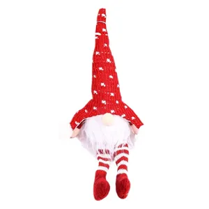 Bambola appendiabiti gnomo di Natale con cappello a maglia rossa e gambe a righe per festa.
