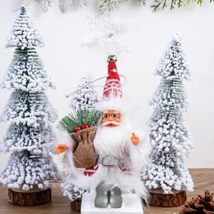 Detailed shot of Christmas Santa plush doll ornament with frosted trees and festive vibe.