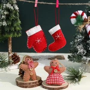 Christmas felt hanging ornaments set including gingerbread man, stocking and mitten for tree decor
