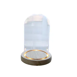 LED wooden base glass dome display case for preserved flowers and handmade dolls showcase.