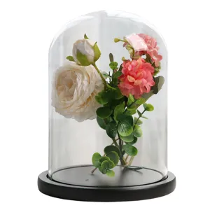 Glass dome with artificial flowers preserved flower transparent cloche home decor ornament