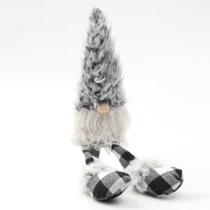 Grey plush gnome detail featuring fuzzy hat, white beard, and black white plaid long legs.