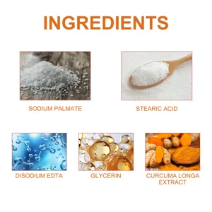 Détails des ingrédients du savon au curcuma, montrant des actifs nettoyants et réparateurs.