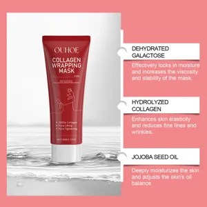 Vista detallada de cerca de la mascarilla facial de colágeno roja con ingredientes clave.