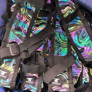 Reflective strap detail shot showing durable black webbing, adjustable buckles and iridescent fabric.