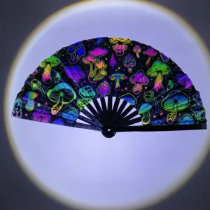 33cm mushroom folding fan with UV fluorescent design, bamboo ribs and satin cloth main.