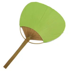 Plain green paper round fan with natural bamboo handle, traditional hand fan for summer cooling.