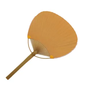 Traditional Japanese style paper hand fan with natural bamboo handle and golden yellow surface.