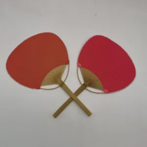 Traditional bamboo handle paper hand fan, red round fan for summer cooling and decor.