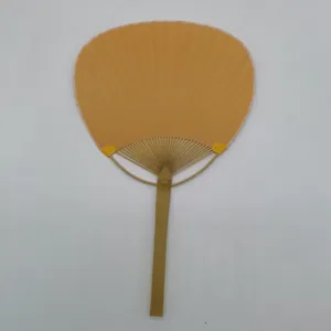 Gelber runder Handfächer mit natürlichem Bambusgriff traditionelles Sommerkühlwerkzeug 24x38cm